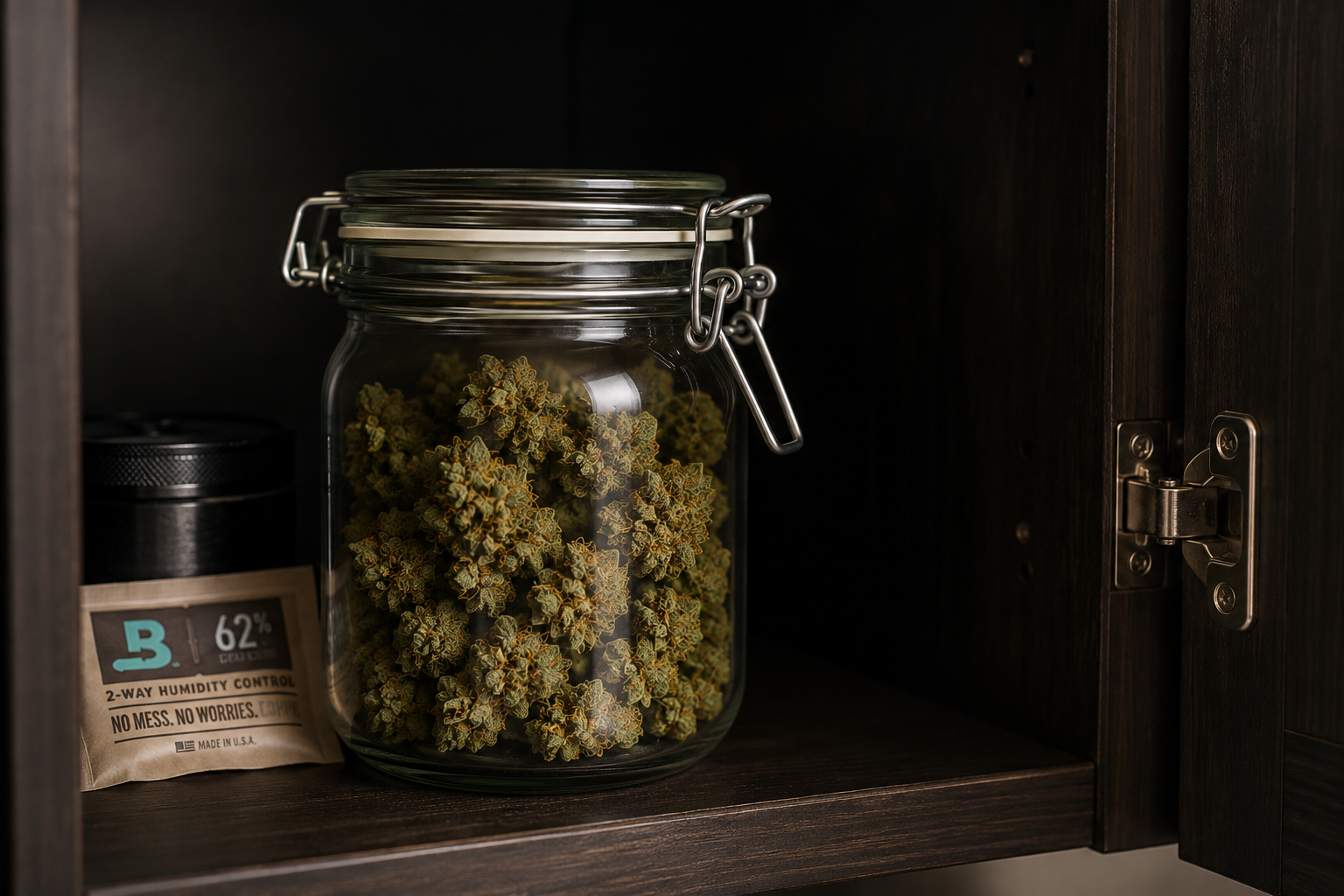 Cannabis flower stored in a glass jar inside a dark cabinet