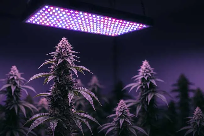 Flowering cannabis plants under red light therapy LED panel in dark craft grow room