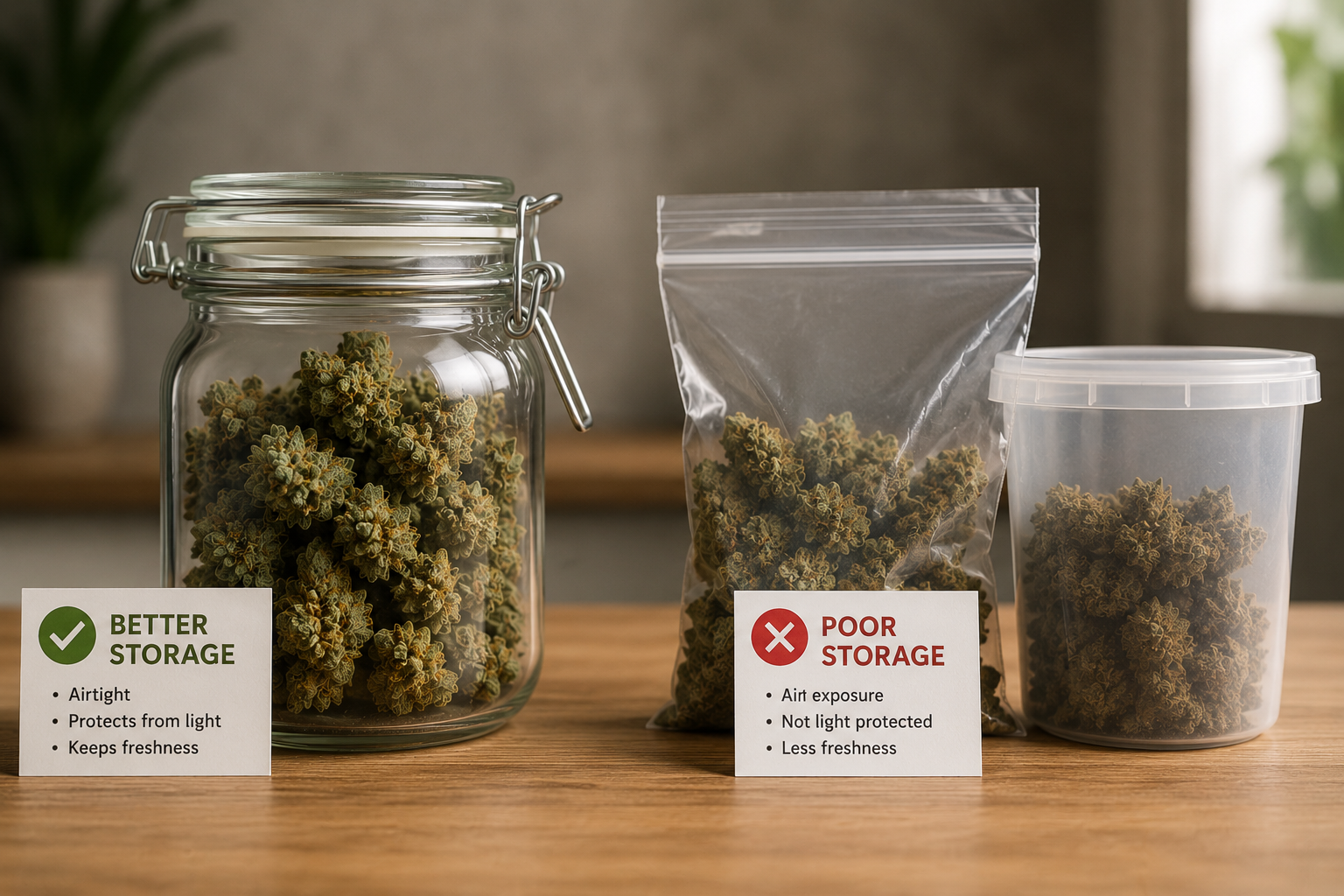 Glass jar compared with plastic containers for cannabis flower storage