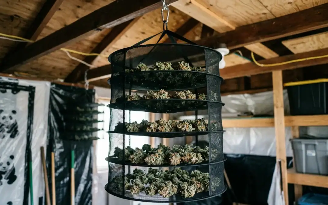 Cold cured cannabis hanging to dry on mesh racks in rustic craft grow room