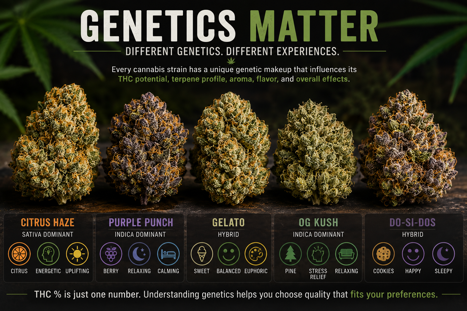 Different cannabis genetics and flower characteristics