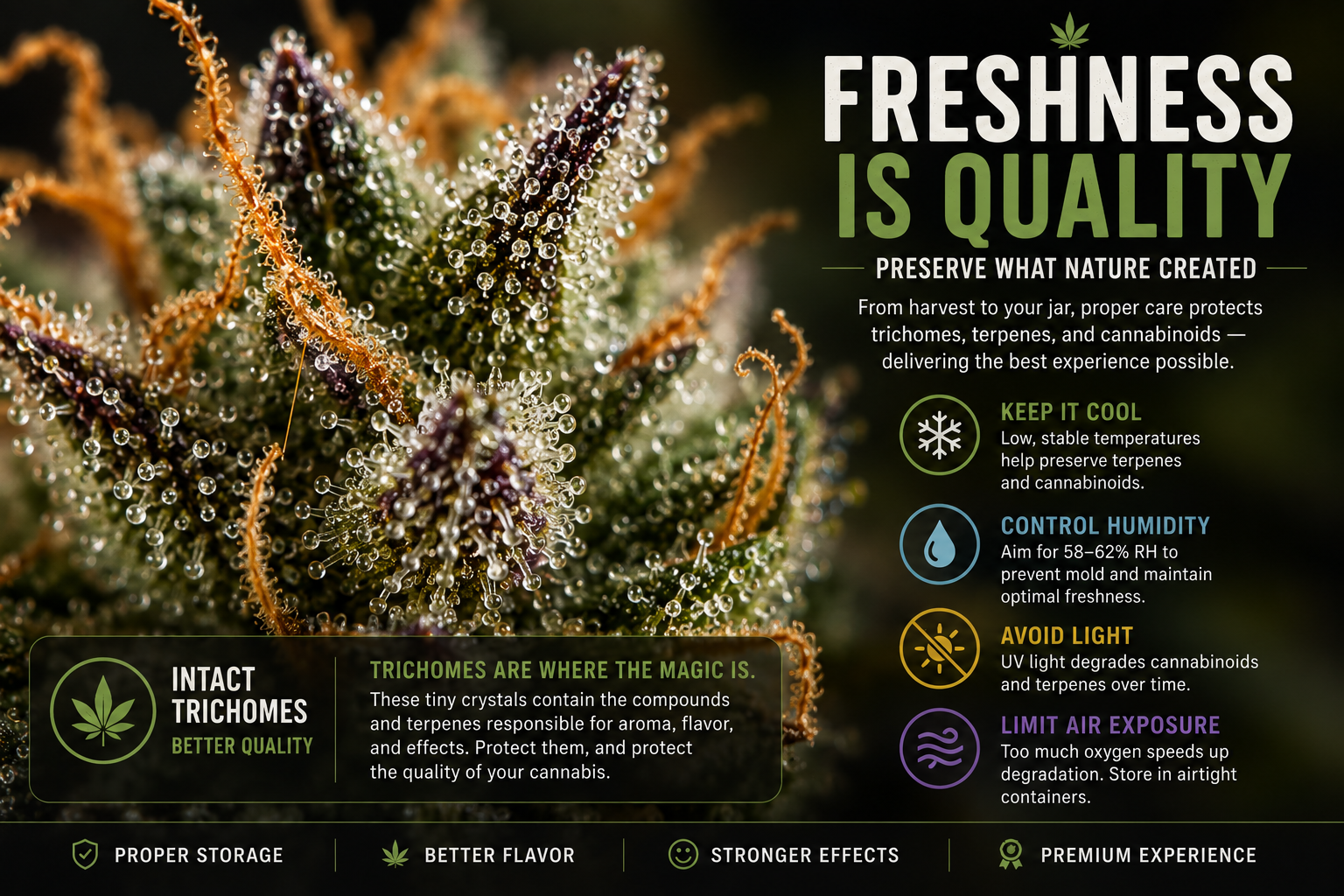 Fresh cannabis flower with intact trichomes showing quality