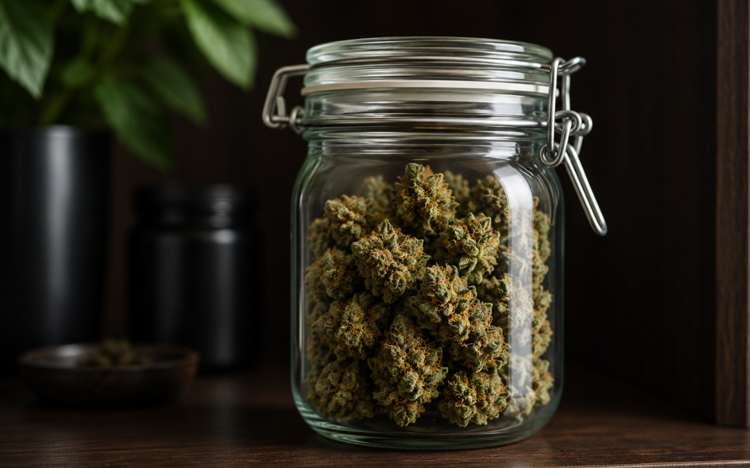 Cannabis flower stored in an airtight glass jar