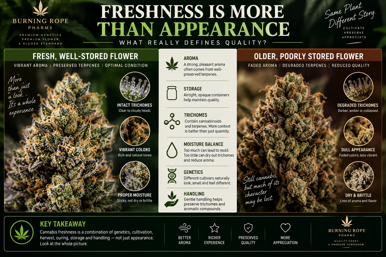 Cannabis freshness involves aroma storage trichomes and flower condition